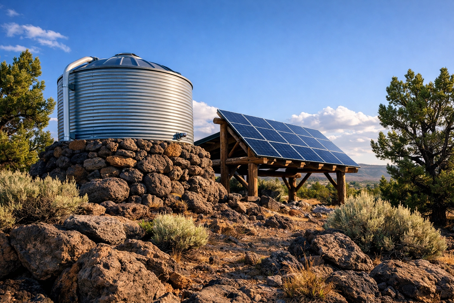 Off-grid solar power setup and rainwater collection system for sustainable living in the high desert.