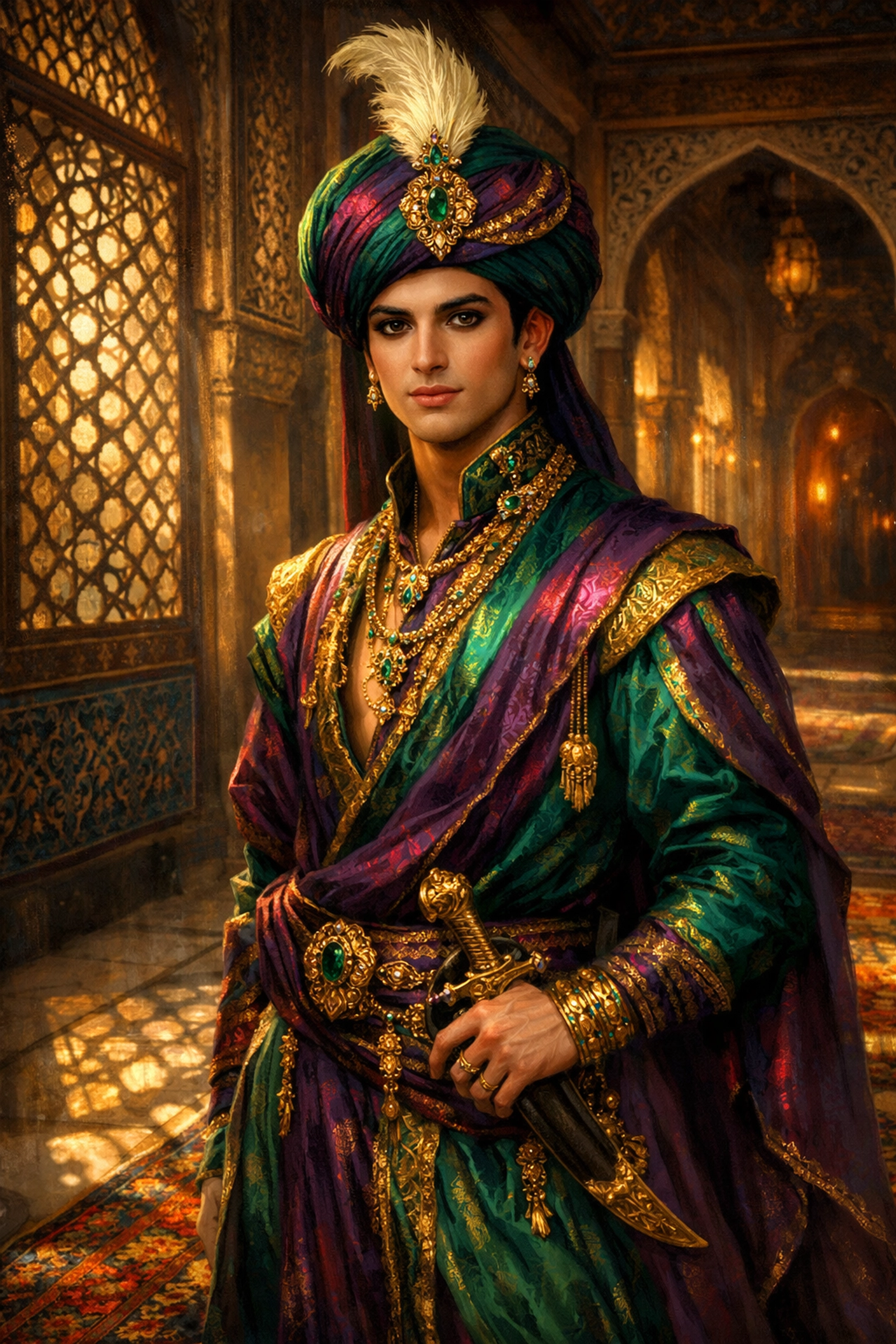 Young Ottoman ghilman in elaborate uniform inside ornate palace corridor