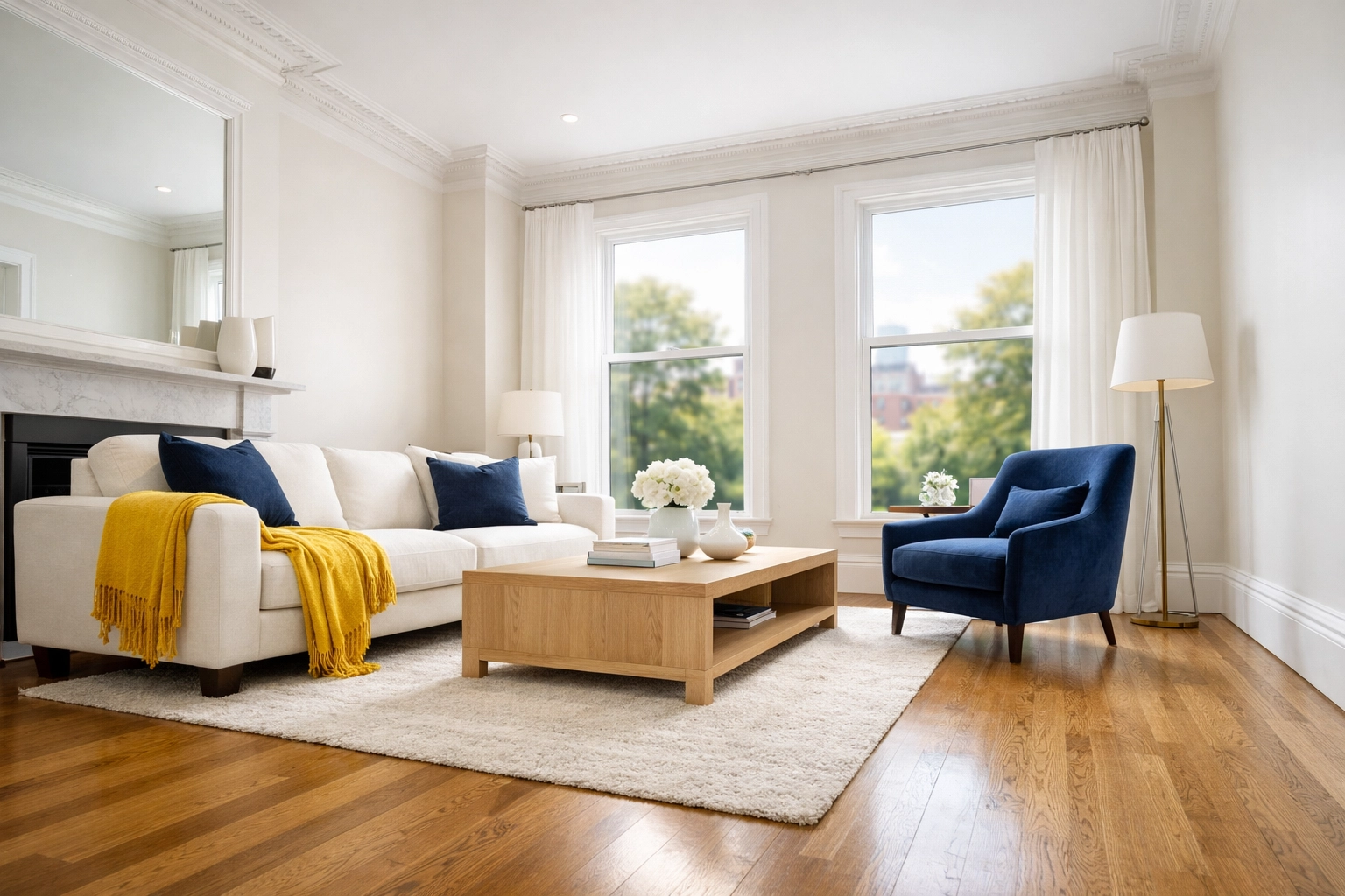 Spotless luxury Boston brownstone living room showcasing results from professional cleaners in Boston.