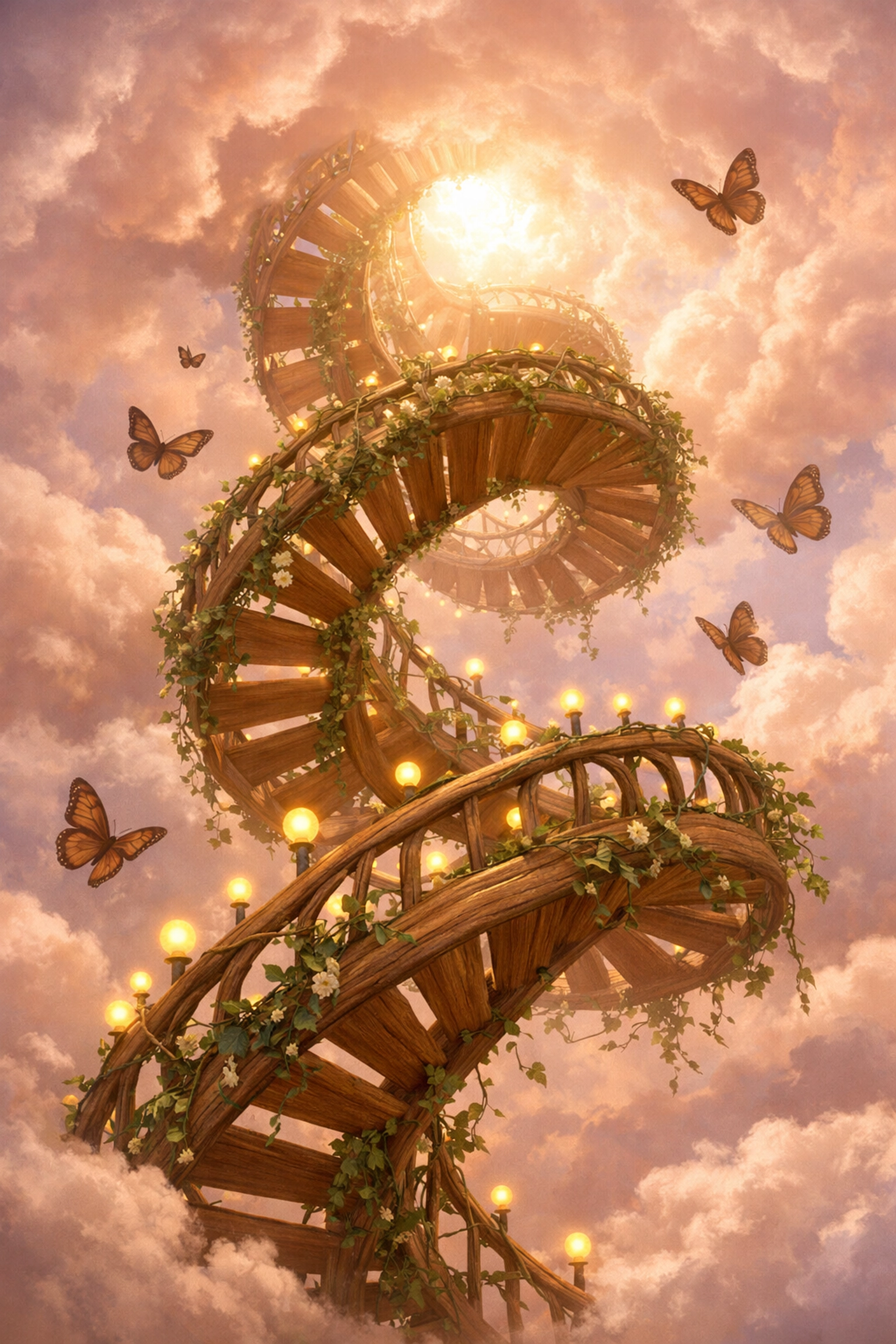 Spiral staircase ascending through clouds representing non-linear healing journey with Chiron