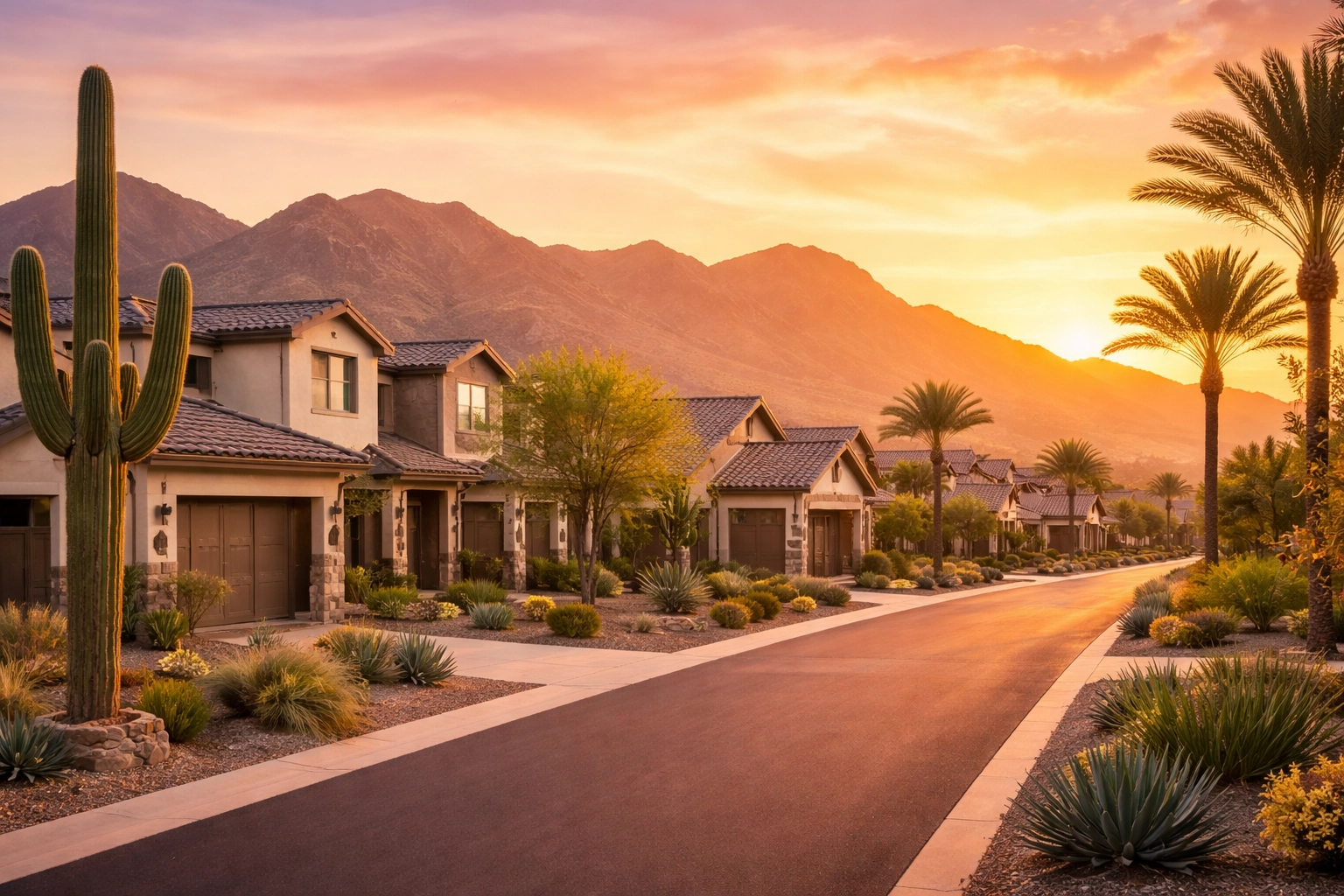 Buckeye, Arizona suburban neighborhood at sunset with family homes, desert landscaping, and mountain views