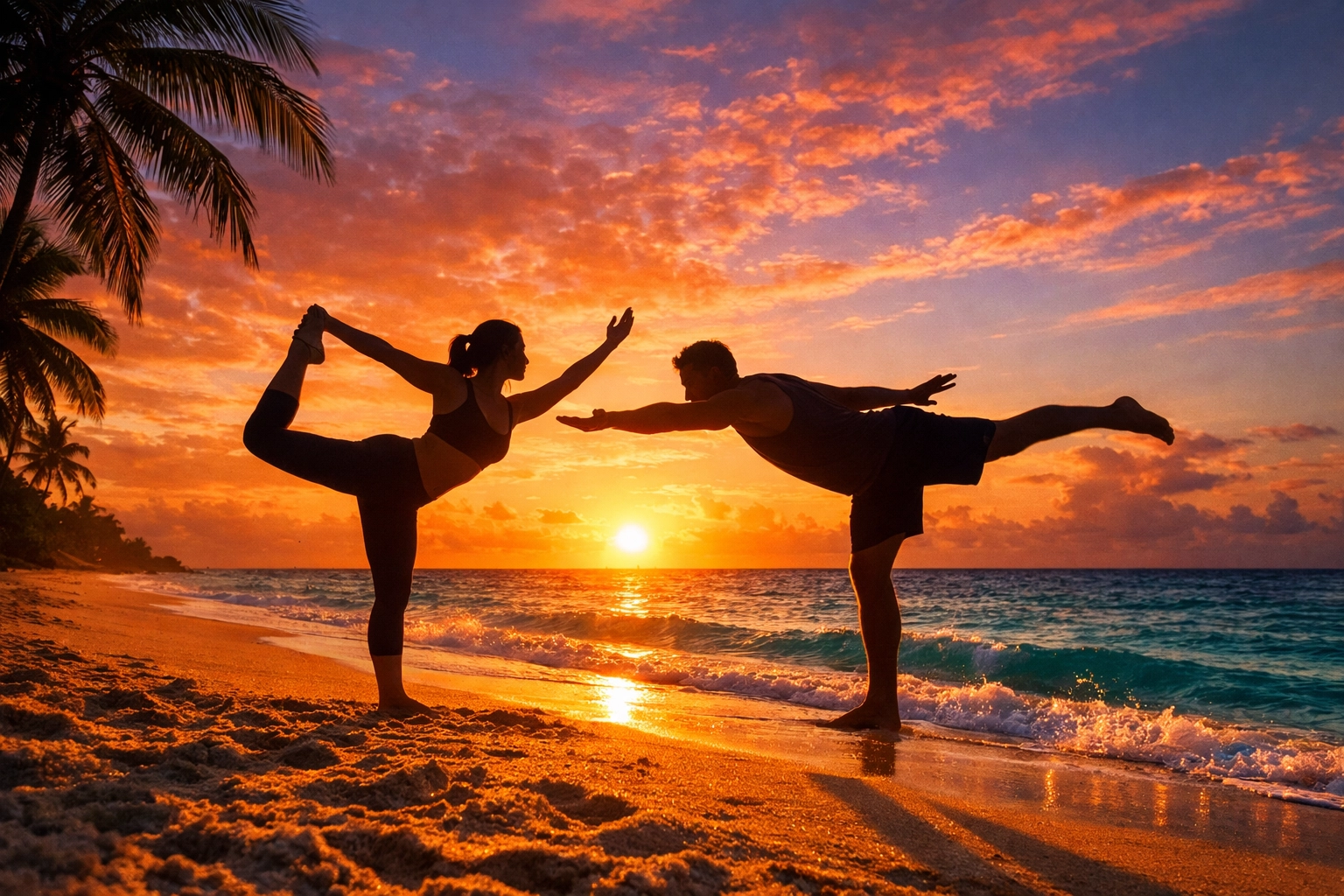 Couple practicing yoga on the beach at sunrise in Puerto Vallarta
