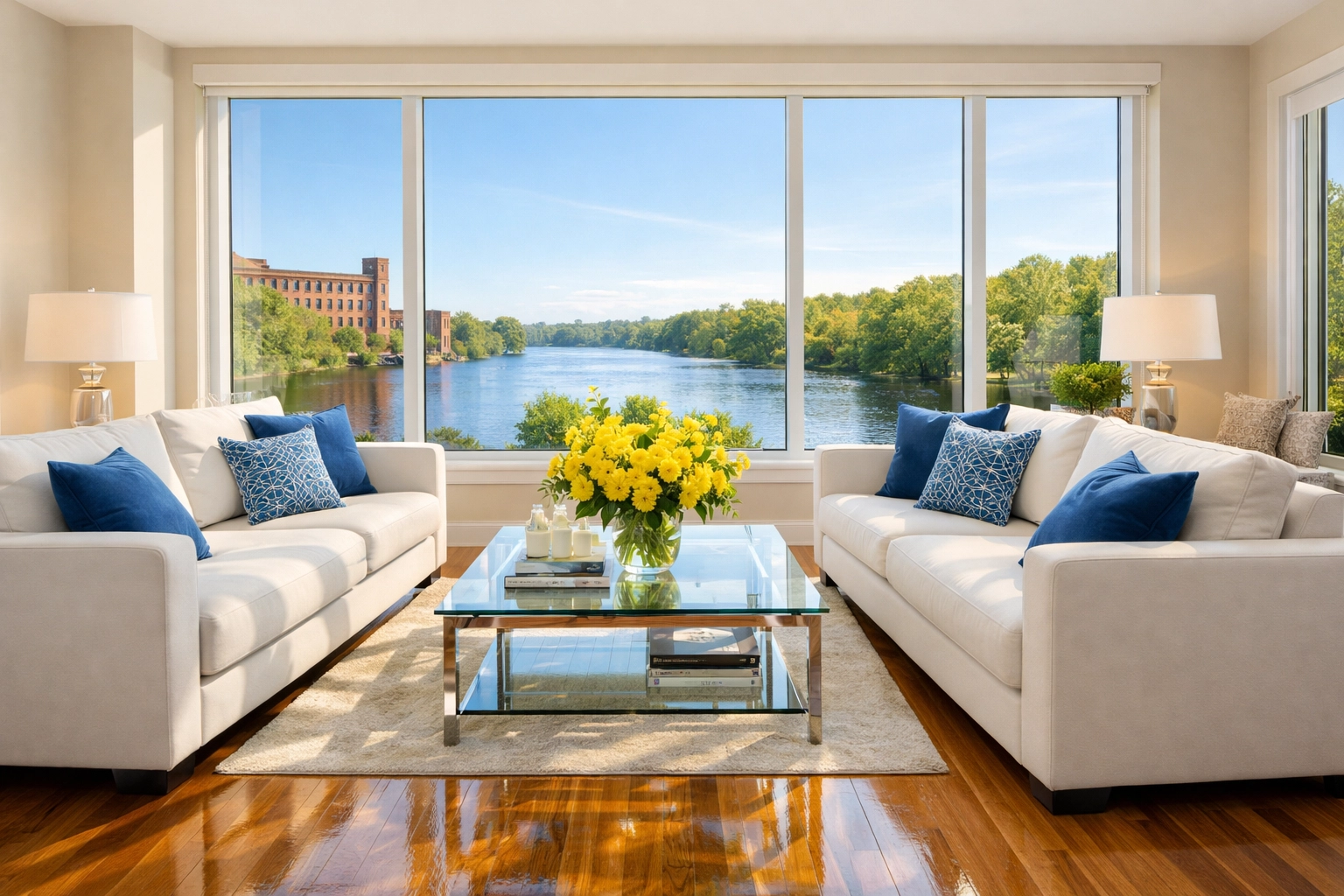 Pristine Lowell living room overlooking the river after professional house cleaning in Lowell MA.