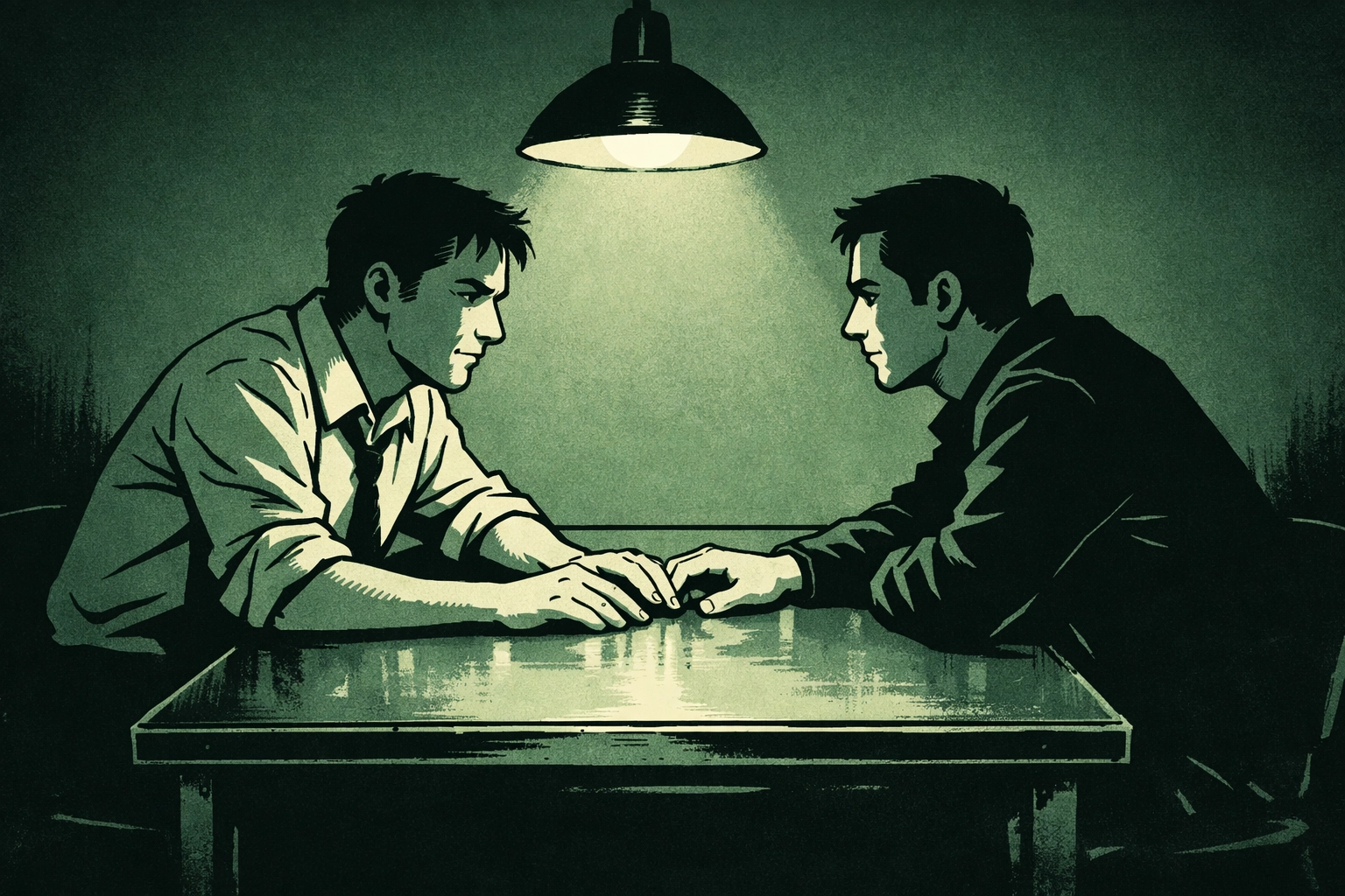 Detective and suspect face each other across interrogation table in tense MM thriller scene