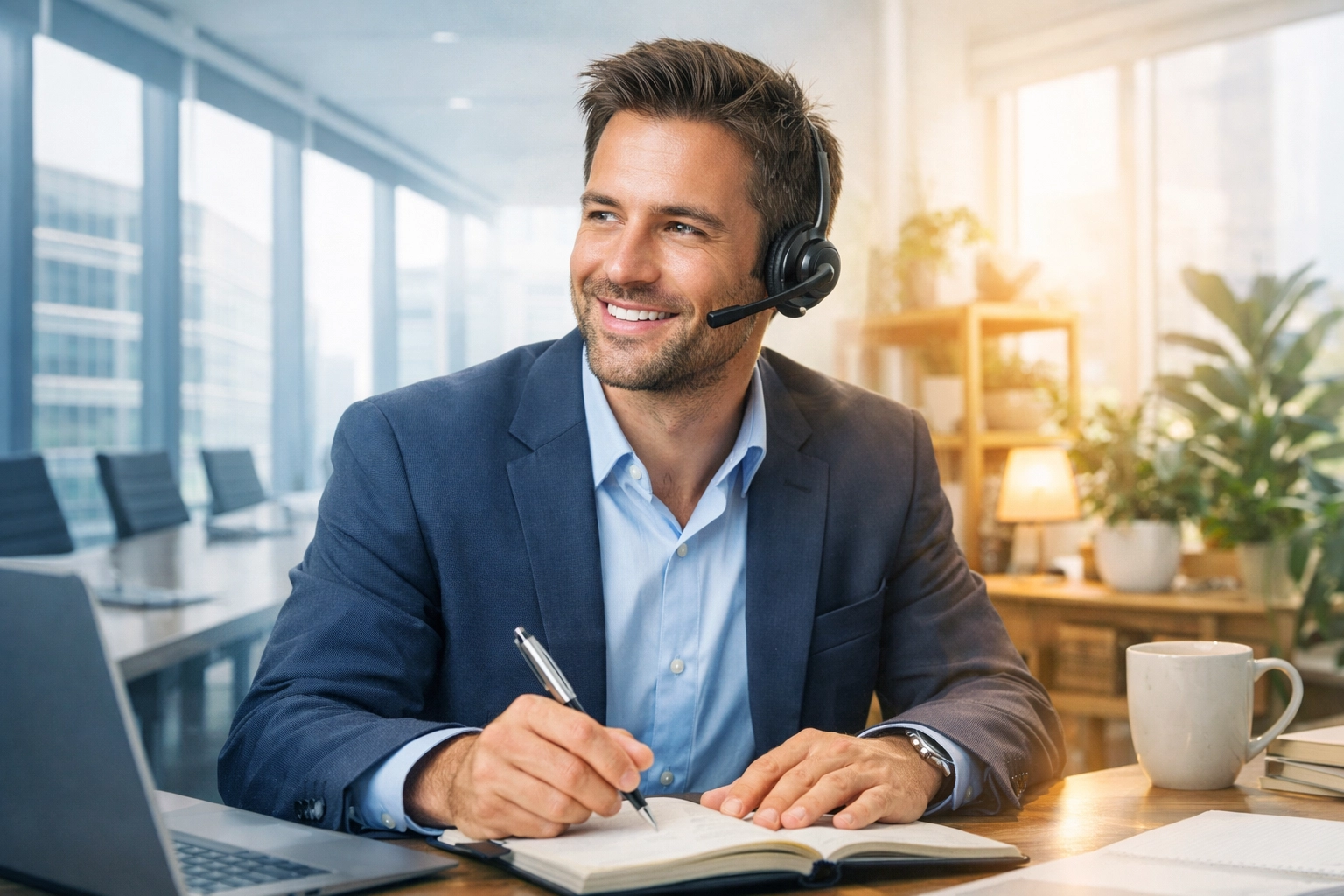 Modern professional using a headset in a hybrid work environment connecting home and office business phone systems.