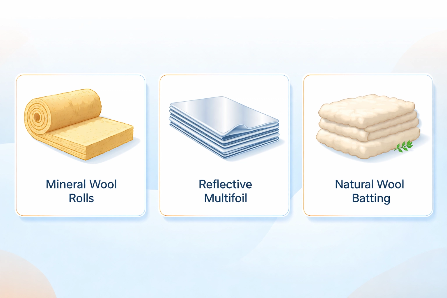 Side-by-side comparison of mineral wool, multifoil, and natural wool loft insulation types