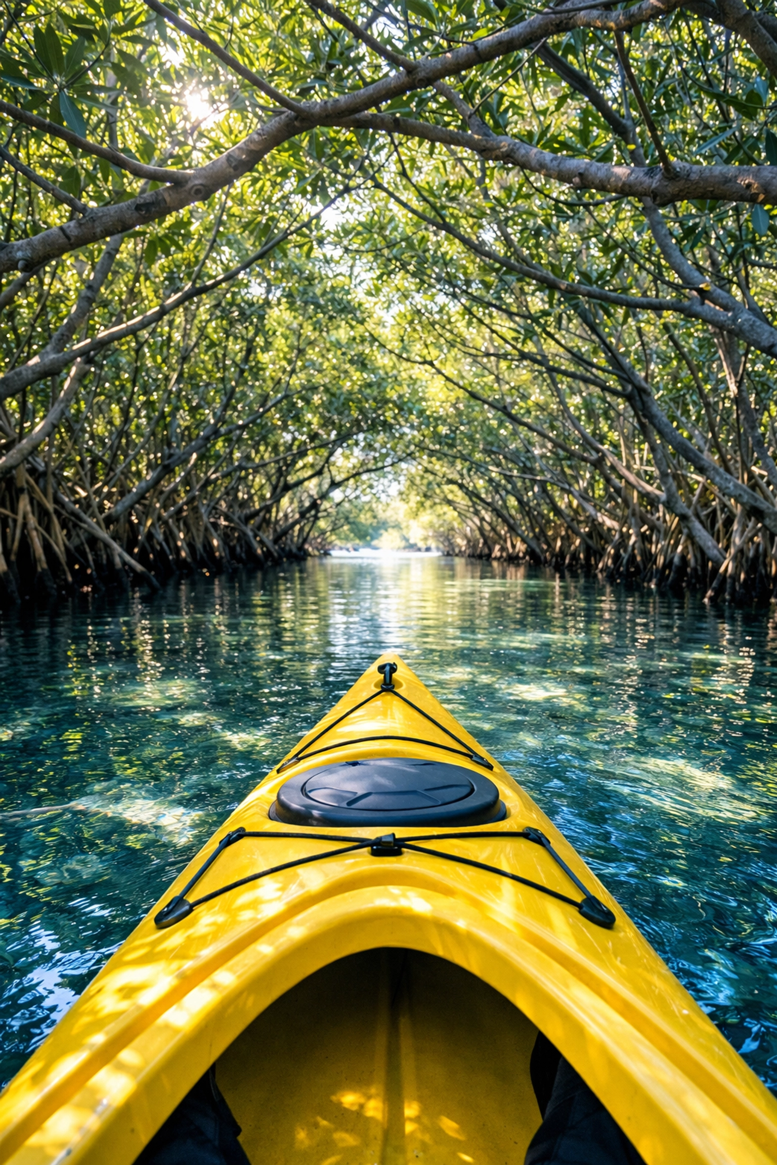 A bright kayak paddling through a sun-drenched mangrove tunnel in the Charlotte Harbor Preserve State Park.