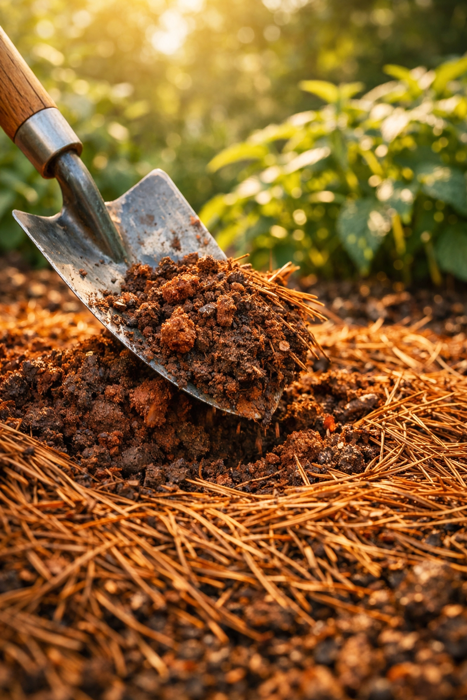 Trowel applying pine needle mulch to rich Tennessee clay soil to improve landscape health.