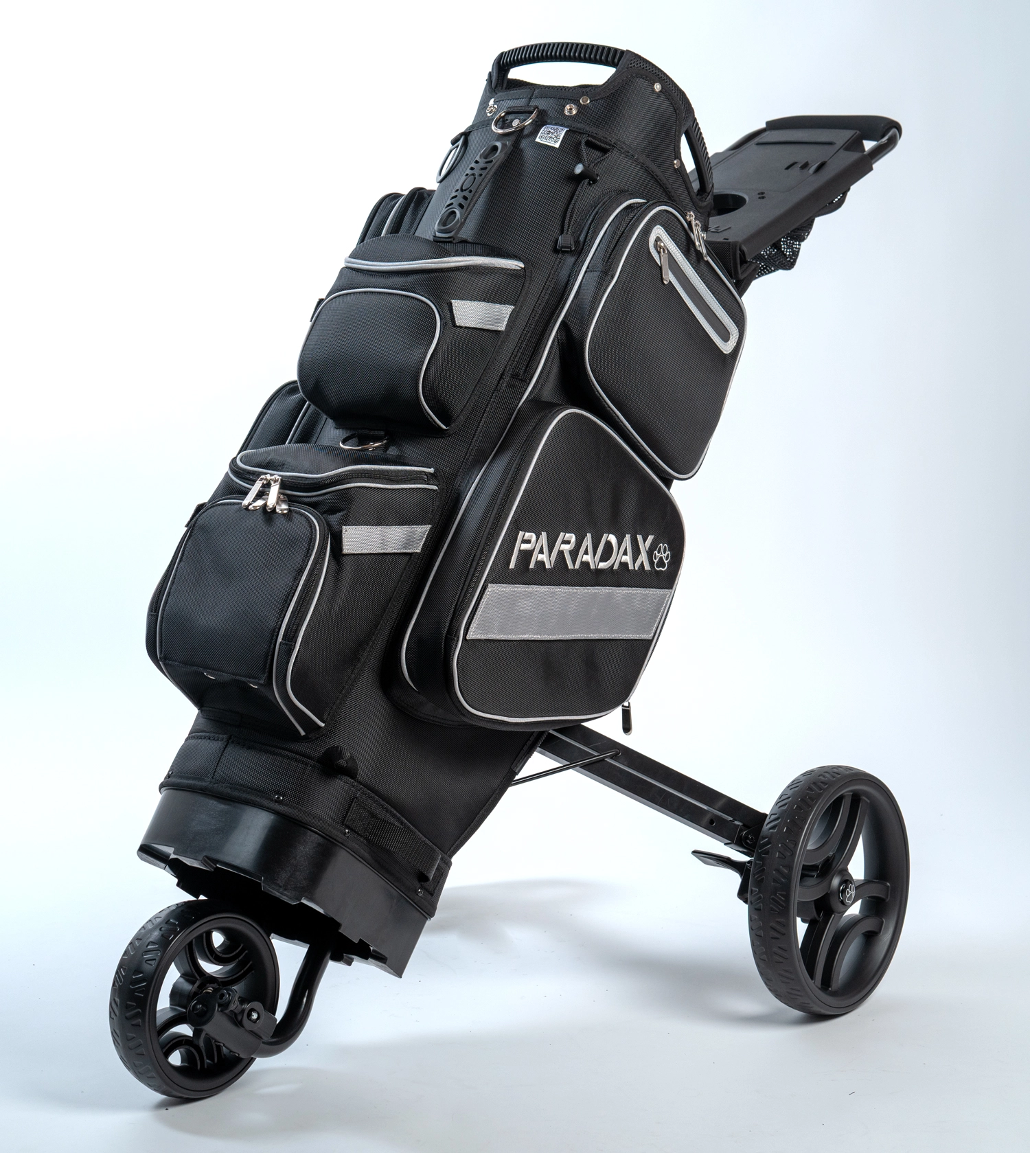 The PARADAX AI-1 black golf bag in push cart mode, showcasing its sleek and durable construction.