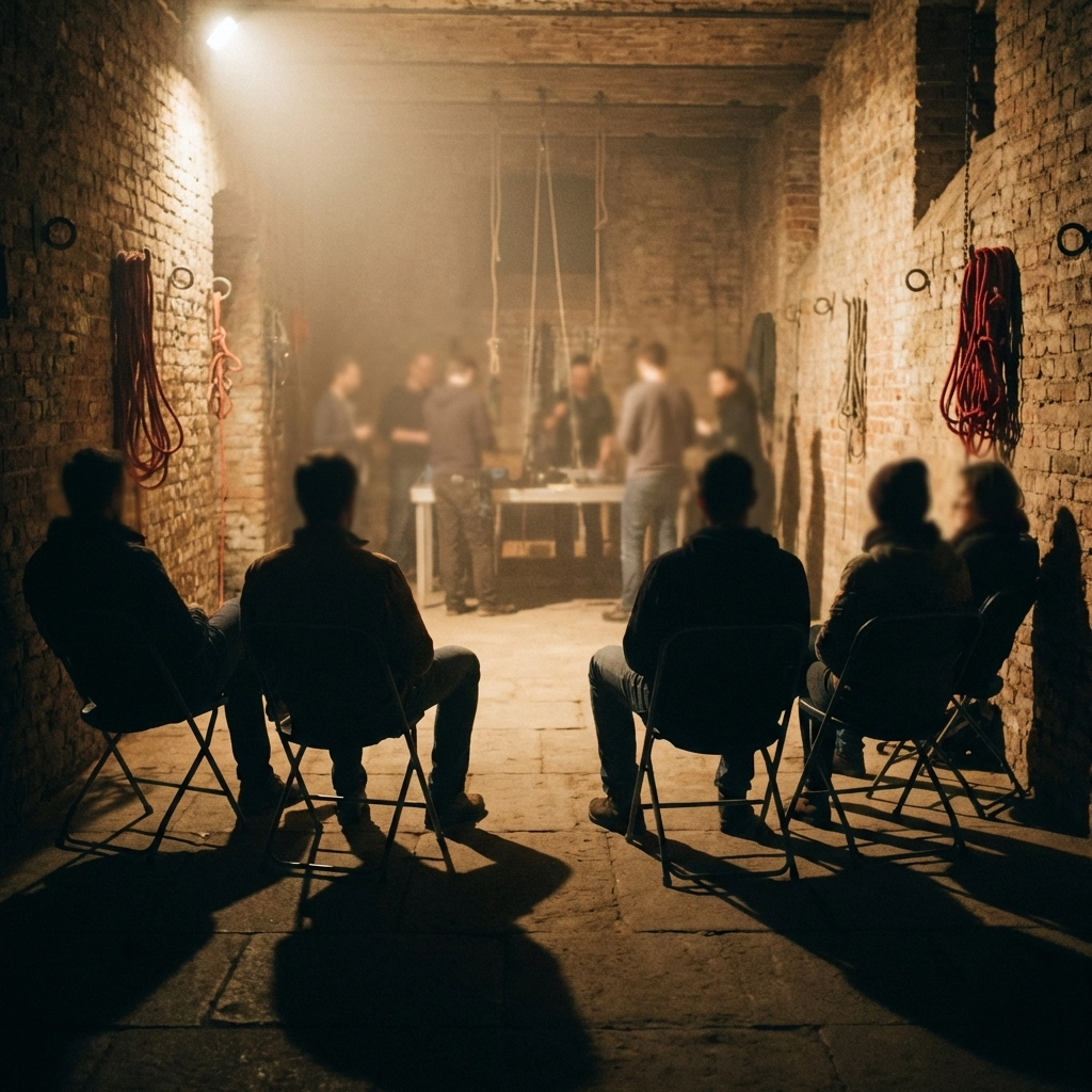 BDSM dungeon social night with observers watching consensual kink scene at professional venue