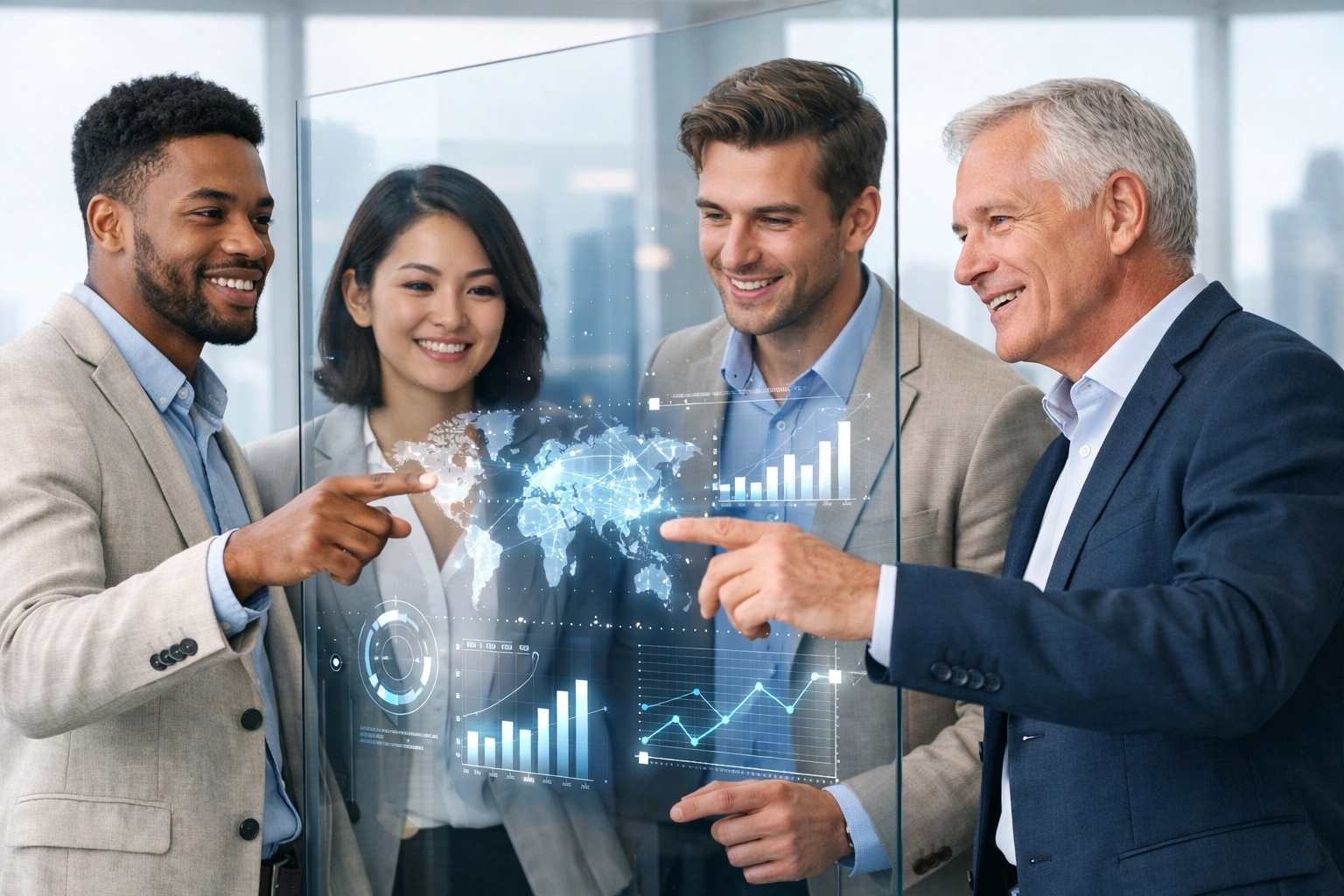 Business professionals and a mentor analyzing career-ready talent data visualizations in a modern office.