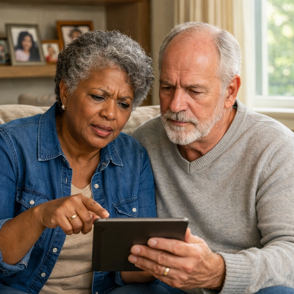 Couple reviewing retirement savings and protection from market crash on tablet