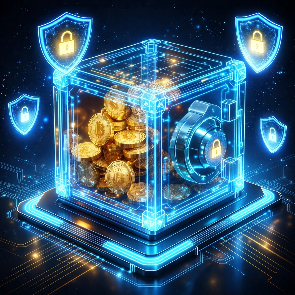 Secure digital vault symbolizing self-custody, crypto asset protection, and decentralized payments