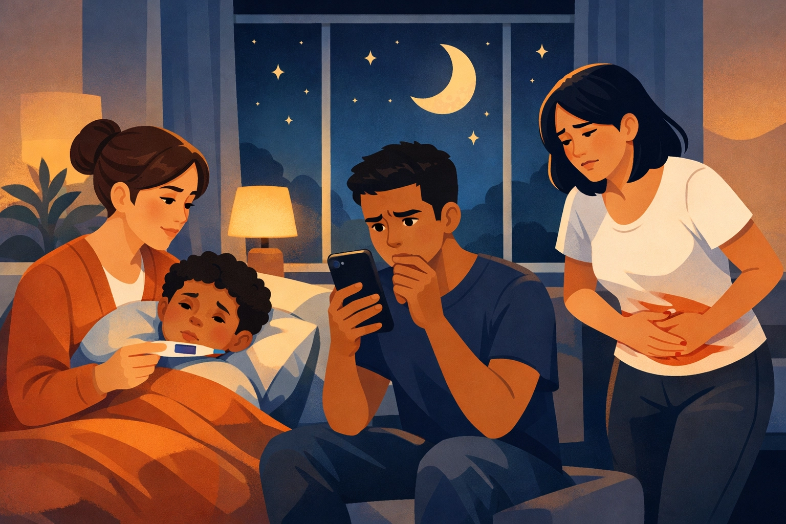 Family experiencing medical issues at night needing urgent care outside business hours