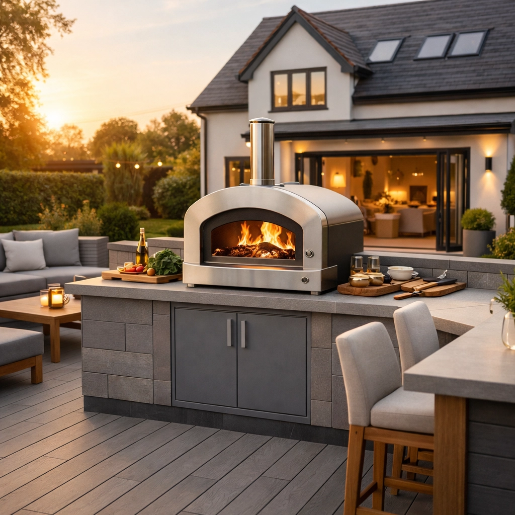 Luxury outdoor kitchen with built-in pizza oven and contemporary furniture in British garden