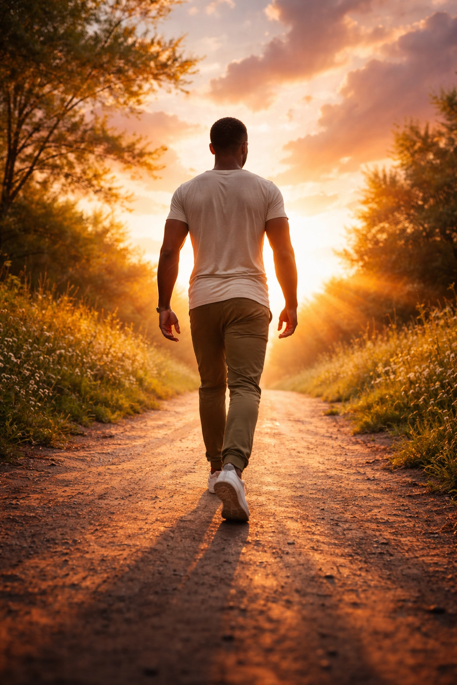 A man walks a bright sunlit path, embodying hope, resilience, and faithful perseverance toward the future.