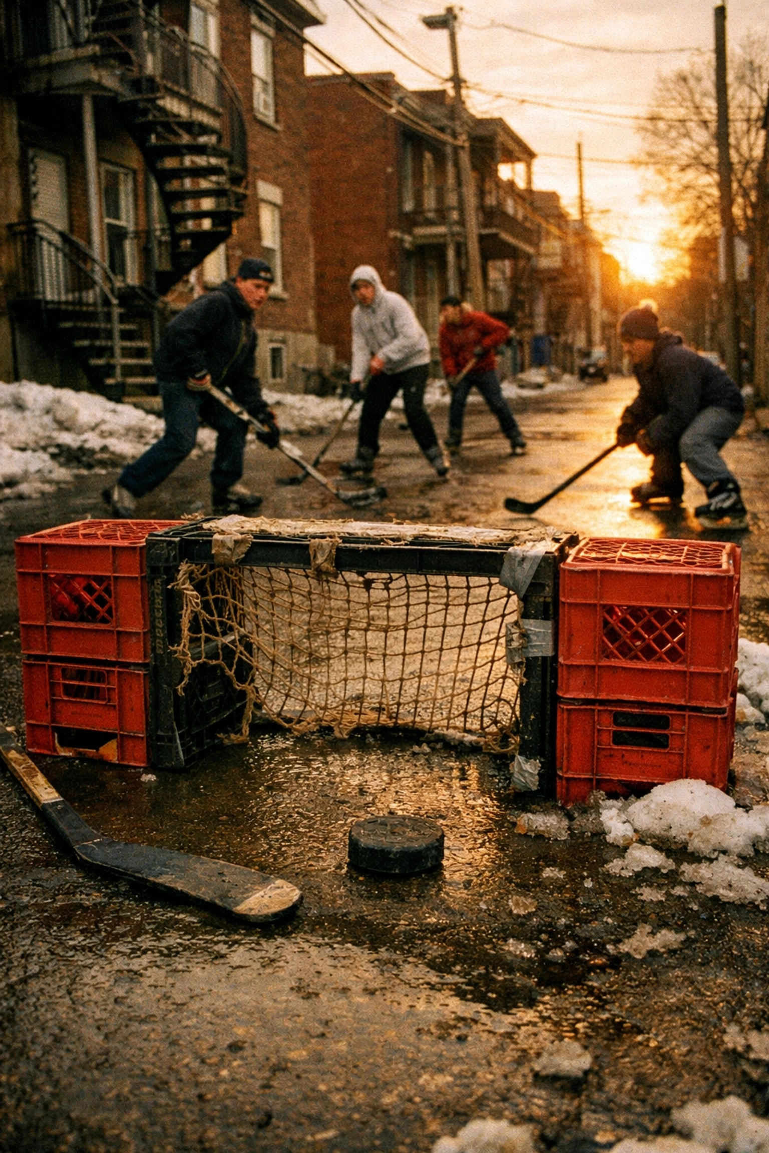 Local teenagers playing street hockey in a traditional Montreal alley ruelle in early spring.