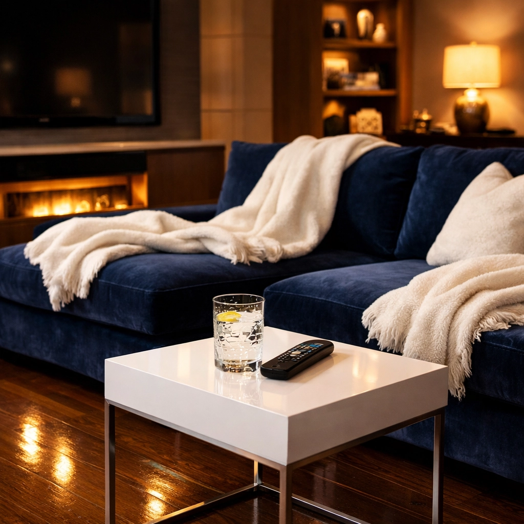 A spotless and relaxing home media room with polished floors, perfect for a guilt-free Netflix session.