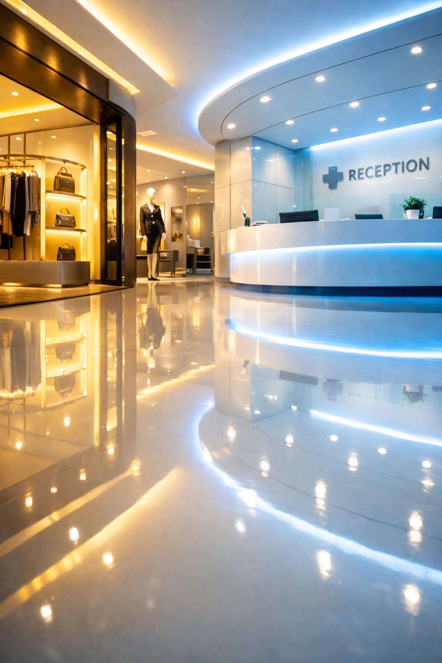 Gleaming polished floors in a modern Sandwich business facility after a professional deep clean.