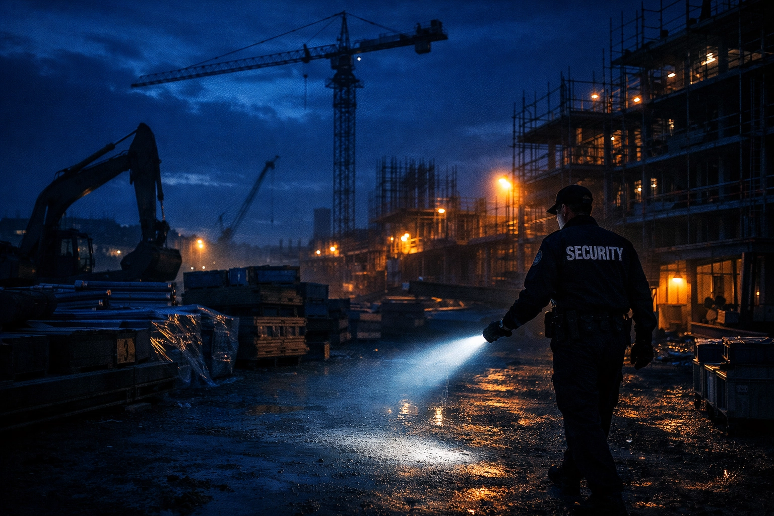 Security guard conducting nighttime patrol at construction site with flashlight