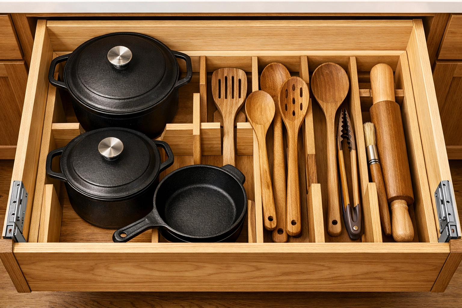 Open deep kitchen drawer with custom wood dividers for organized pot and pan storage.