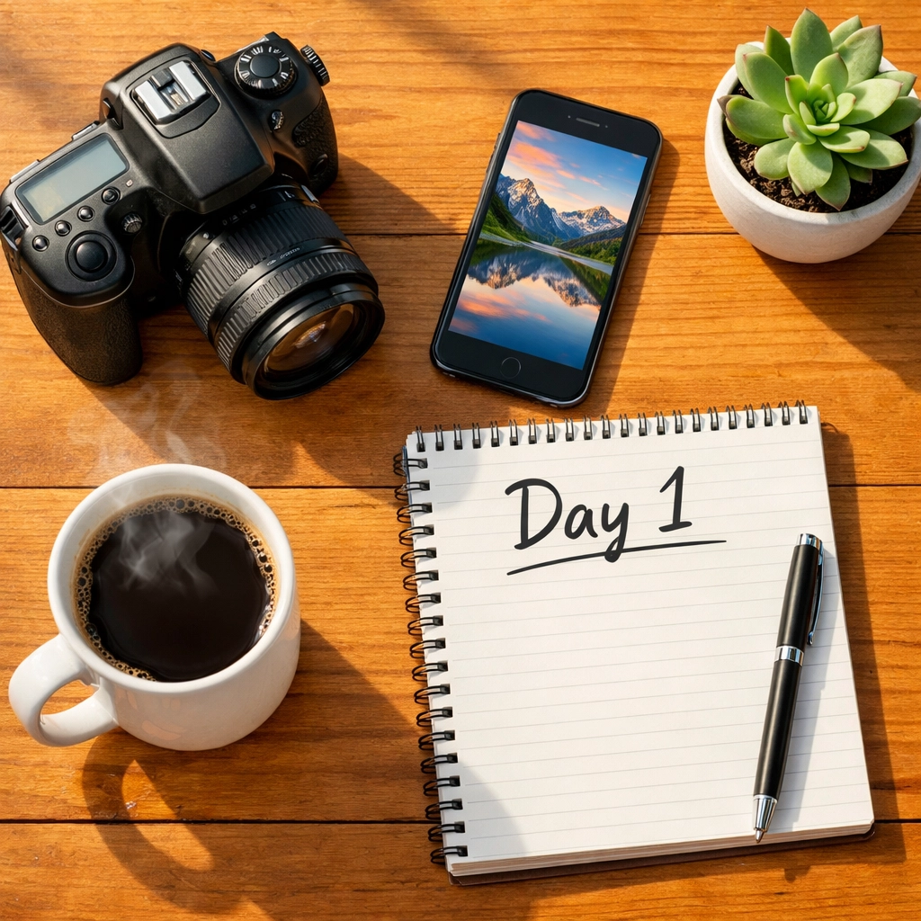 Photographer's workspace with camera, notebook, and coffee ready to start a 30-day photography project