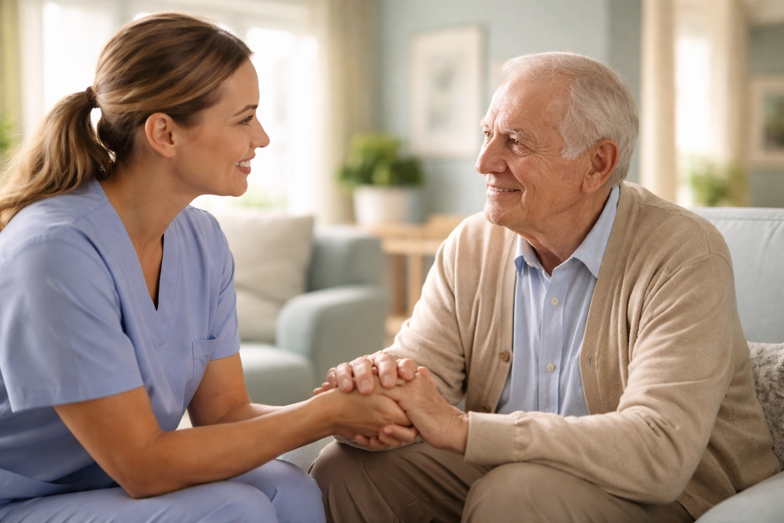 Caregiver supporting elderly man in a secure Sarasota memory care community