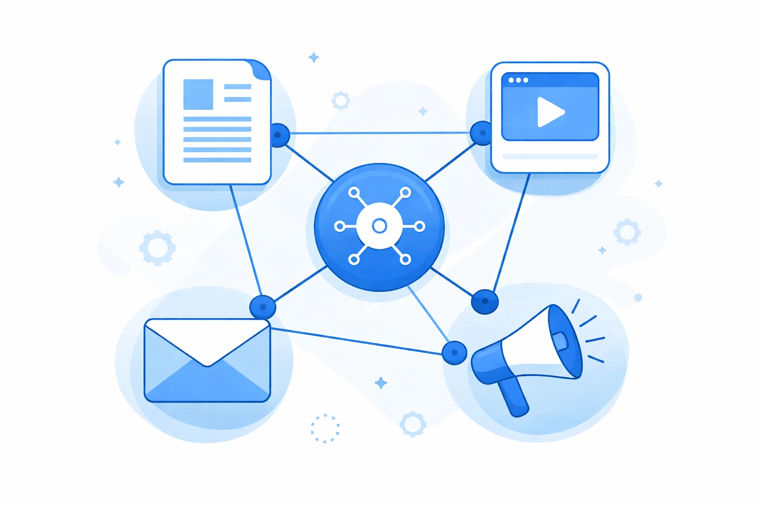 Content ecosystem network connecting various content formats, representing an organized content marketing strategy