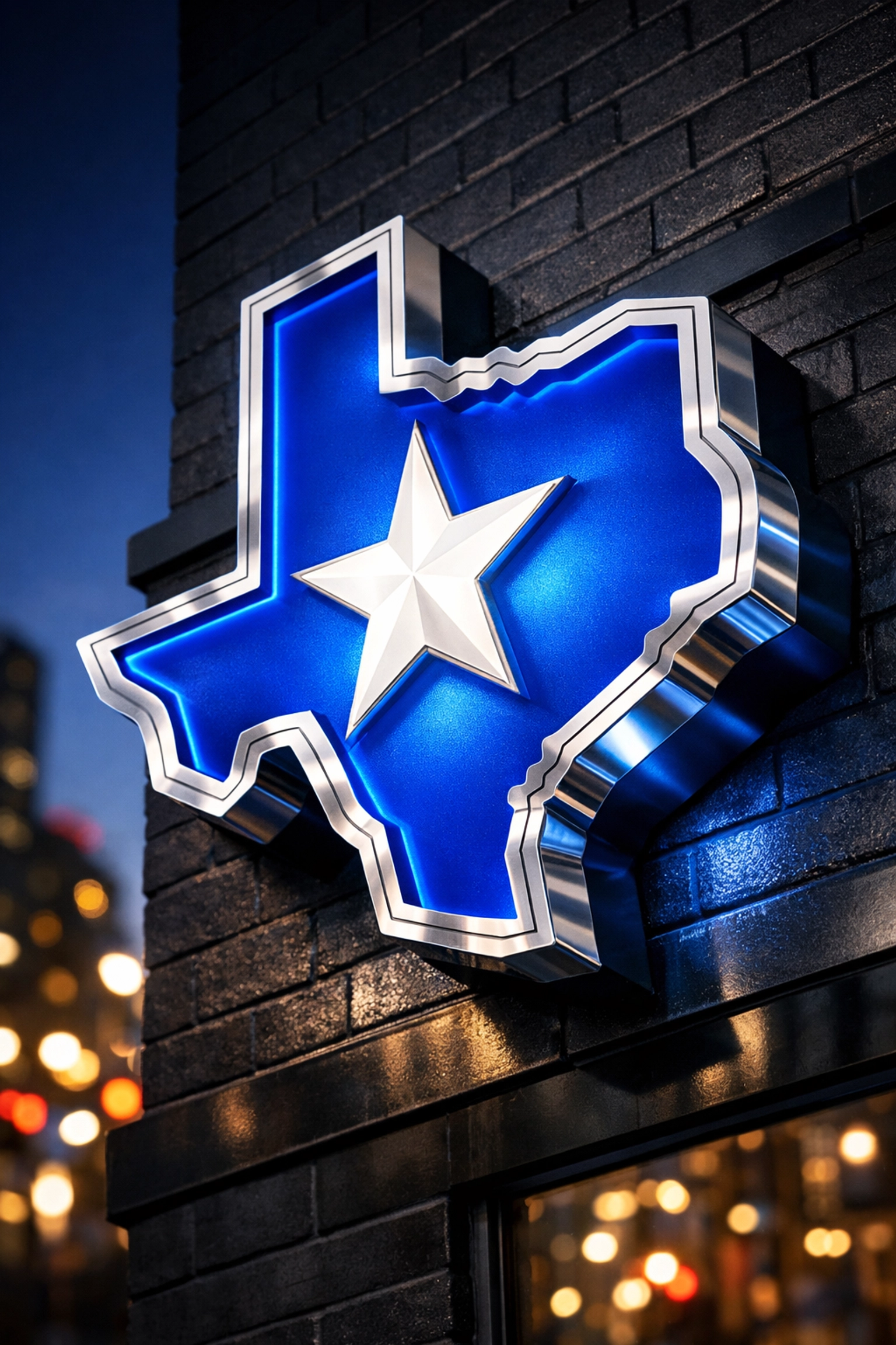 Custom Texas-shaped LED channel sign with vibrant blue illumination on a Dallas storefront brick wall.