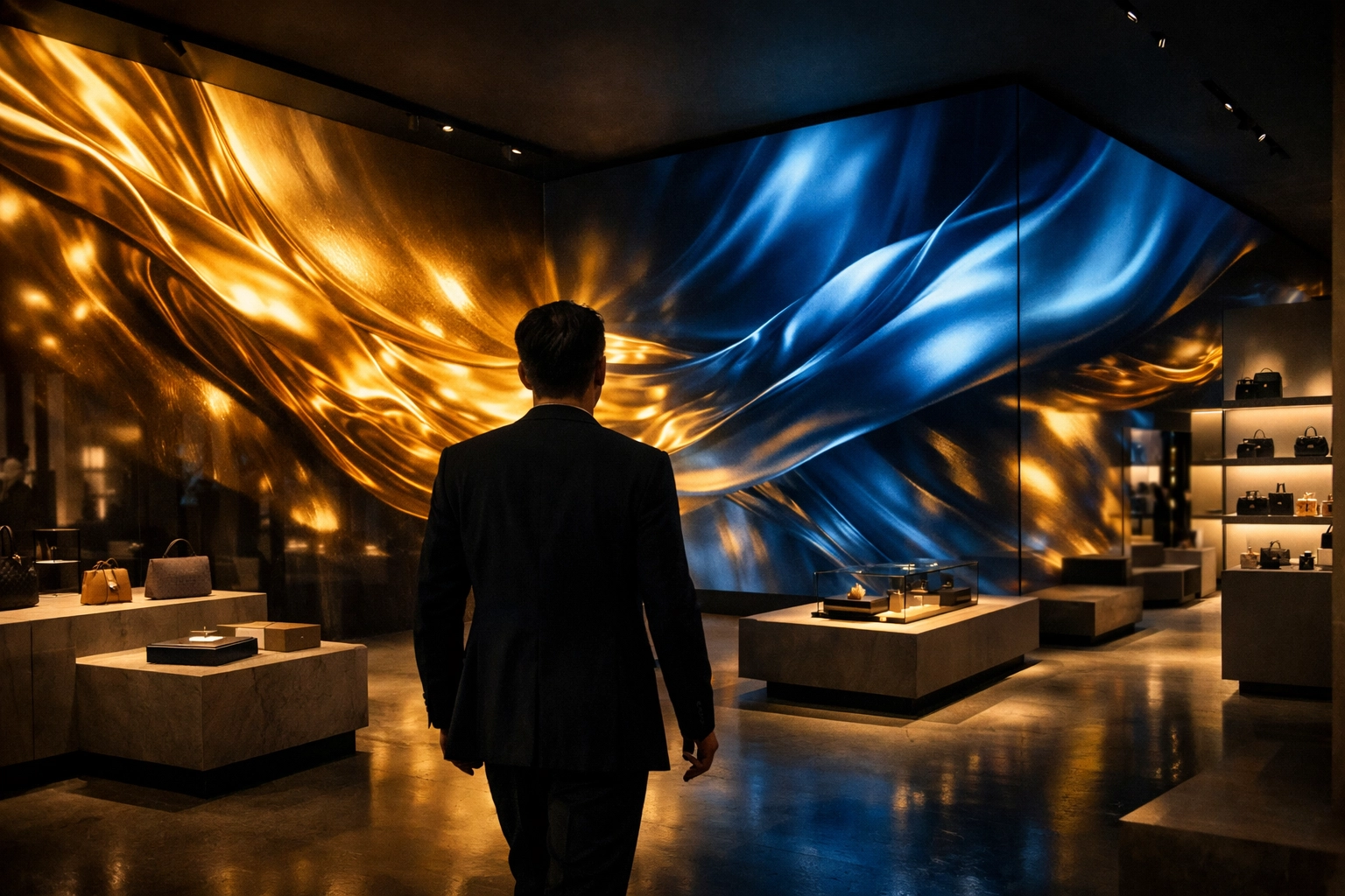 Luxury retail store featuring immersive 3D signage and digital displays powered by Dakdan Worldwide media assets.