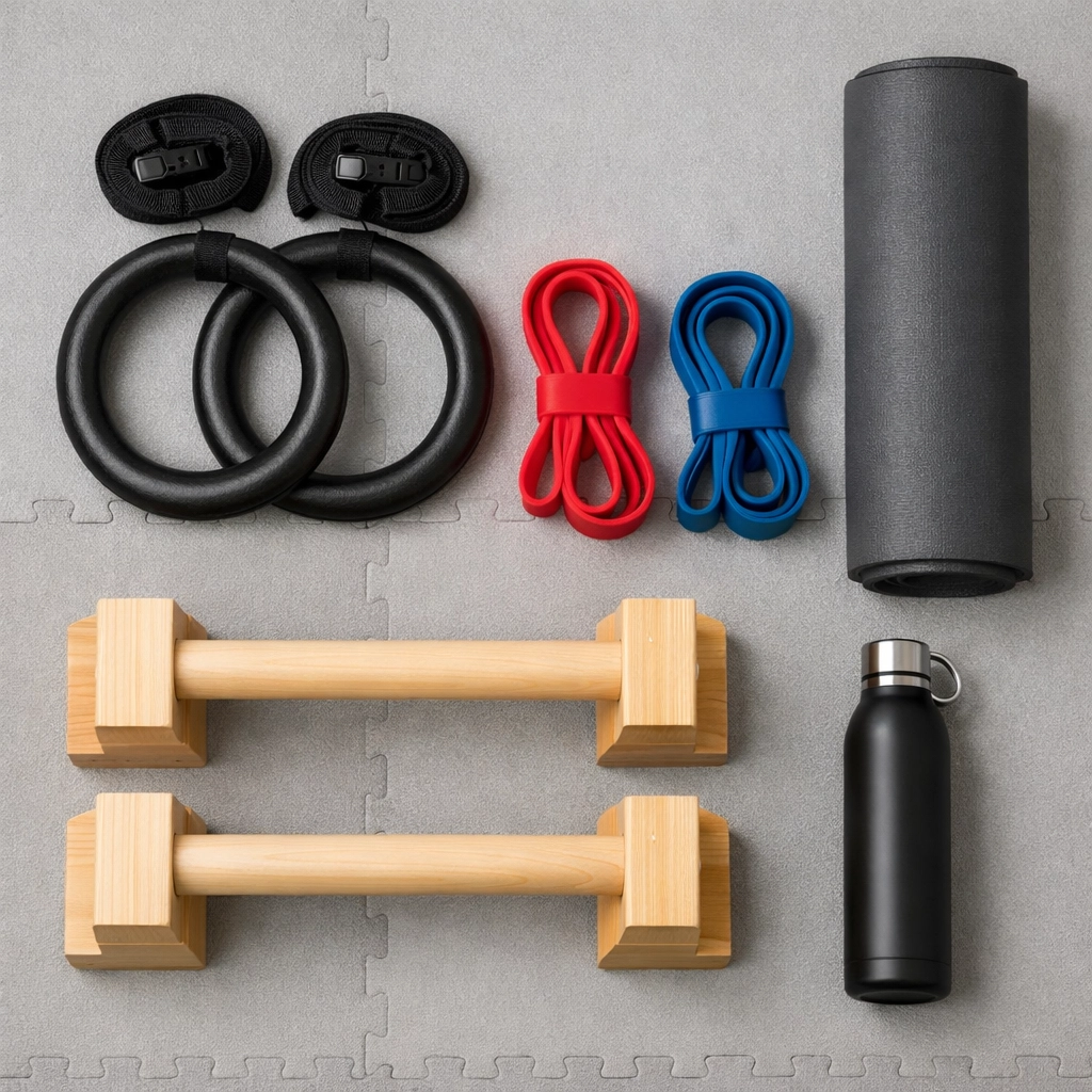 Complete home calisthenics equipment setup with rings, bands, and parallettes