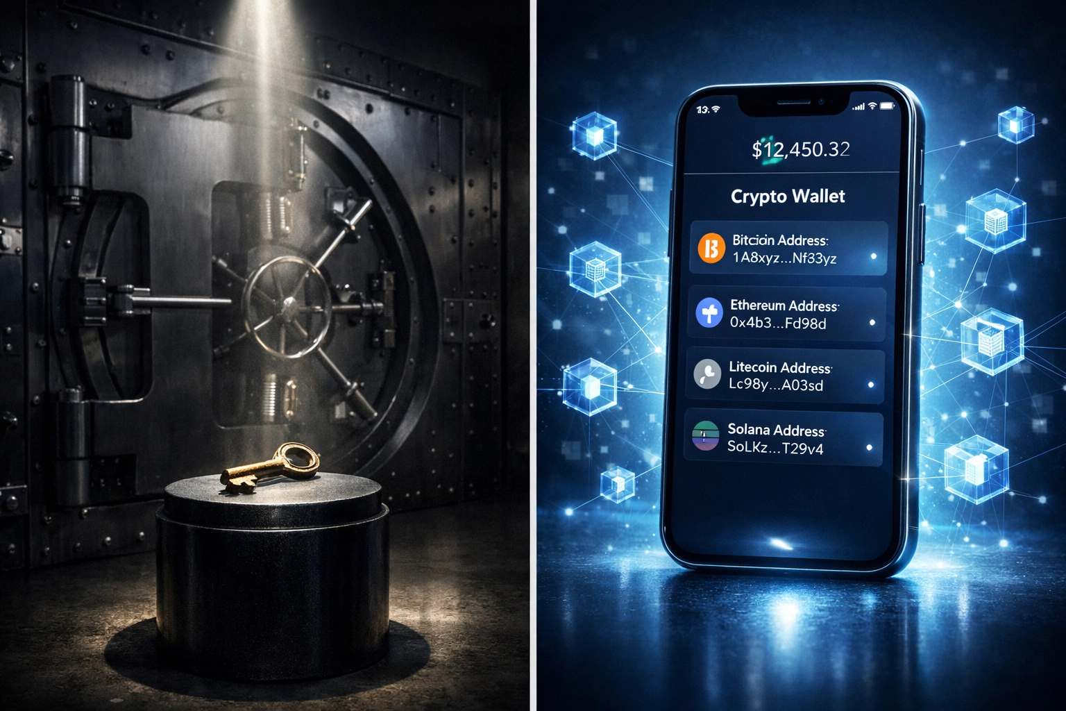 Self-custody crypto wallet versus traditional custodial vault showing payment control