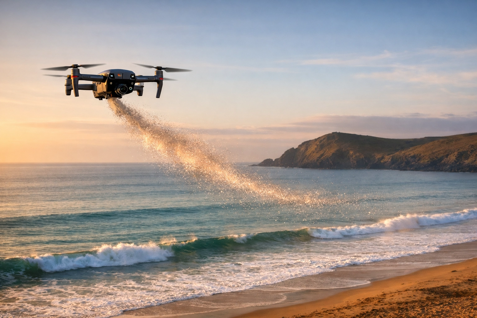 A drone performing an ashes scattering service over the coastal waters of Croyde Bay in North Devon at sunrise.