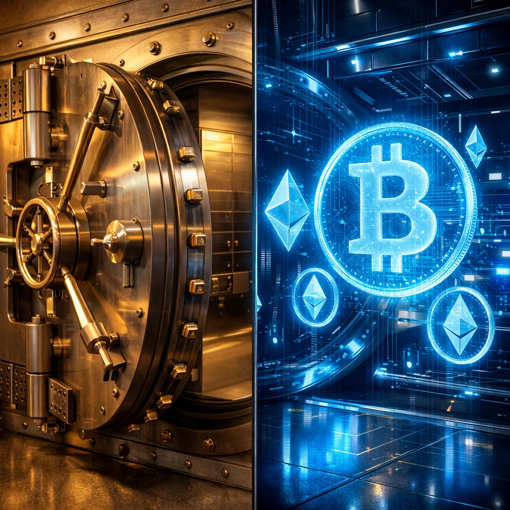 Traditional bank vault merging with digital Bitcoin vault showing crypto integration