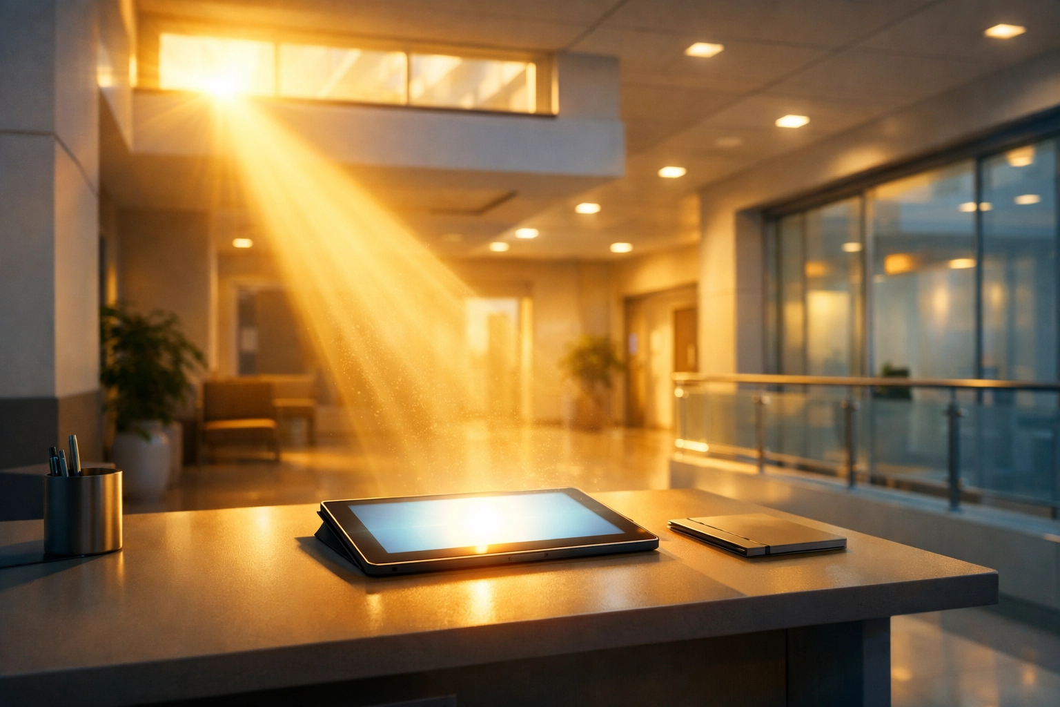 Digital tablet with a glowing screen in a bright room, symbolizing Gospel access for the incarcerated.