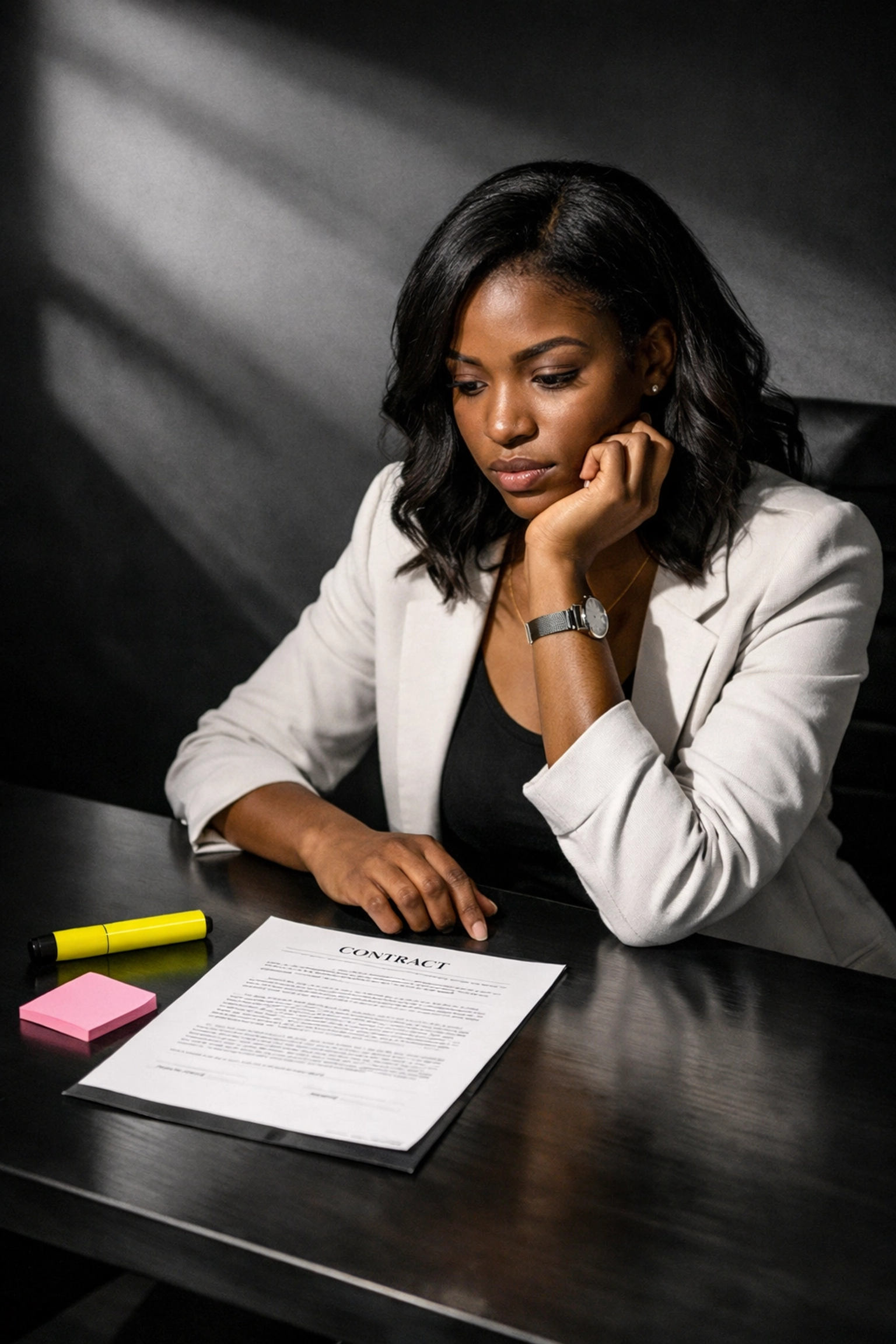 Black woman entrepreneur reviewing contract at desk, contemplating business ownership decisions