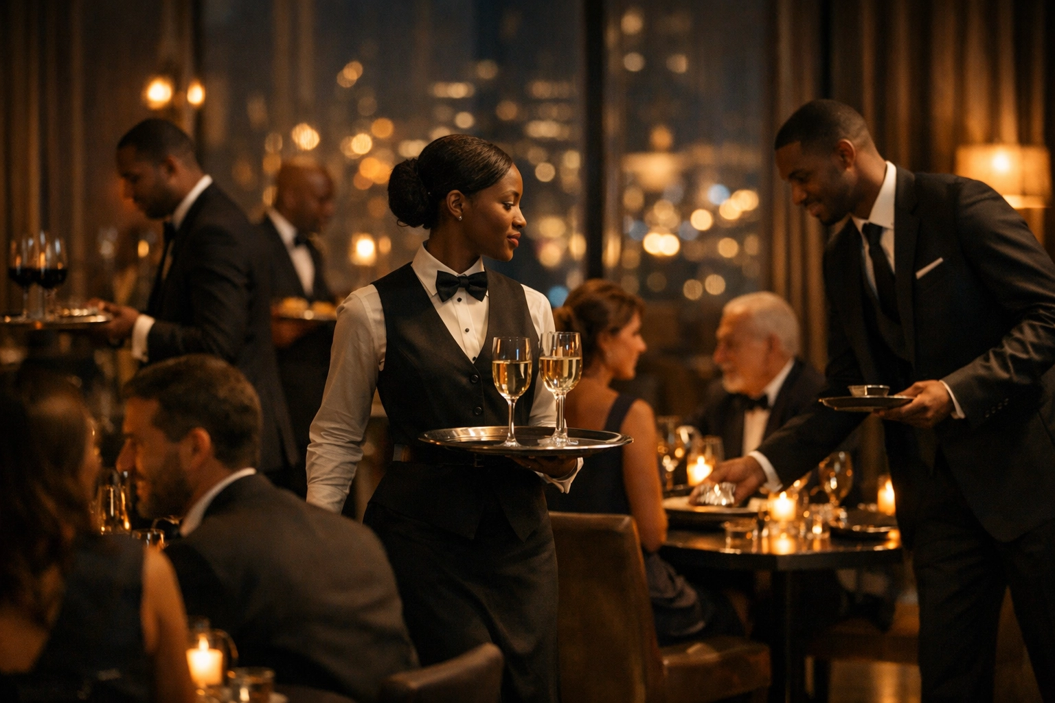 Professional wait staff serving guests at upscale evening event with elegant service