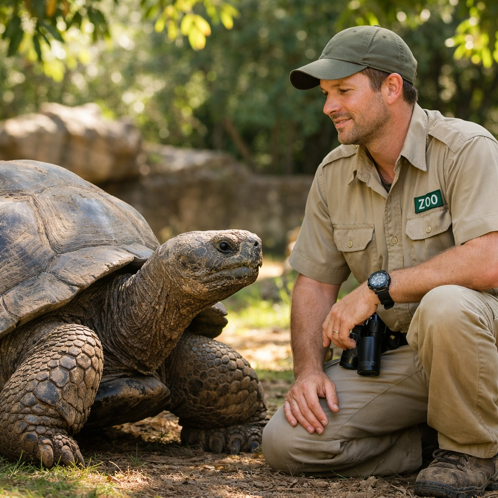 Uniformed zookeeper caring for a large Galapagos tortoise in a lush zoo habitat.