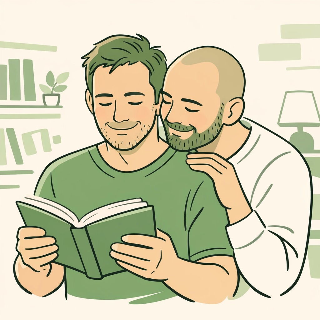 Middle-aged gay couple sharing a book, highlighting the importance of representation in MM romance fiction.