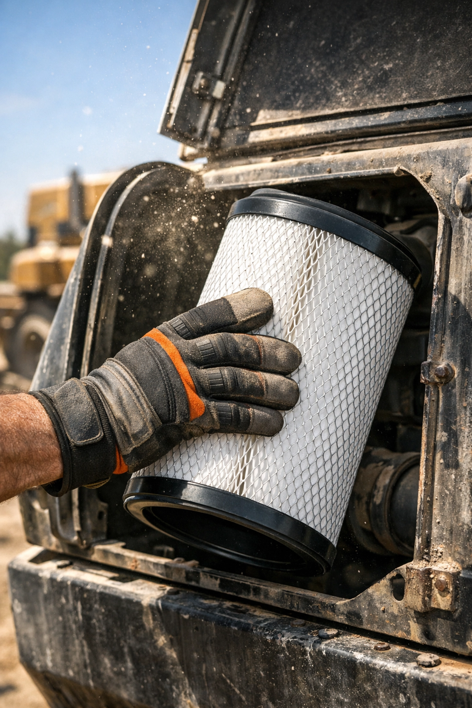 Technician replacing a large air filter in a diesel air compressor for routine maintenance.