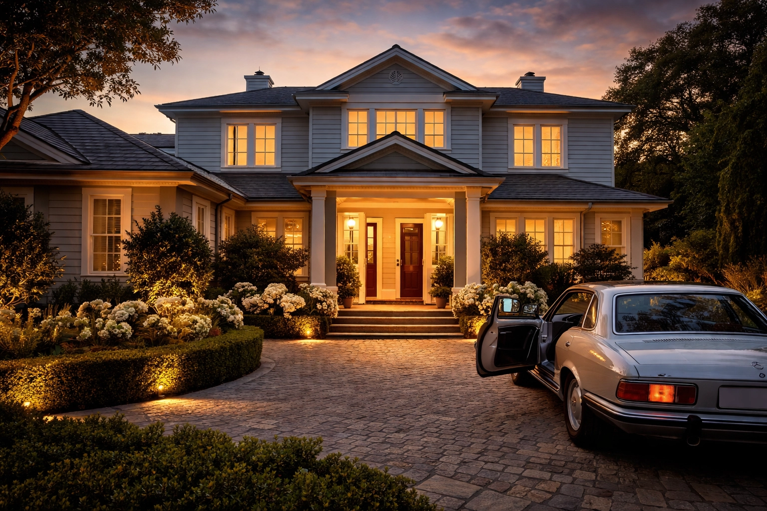 Luxury Melbourne family home with classic car in driveway at sunset, showcasing seamless full-service relocation property experience