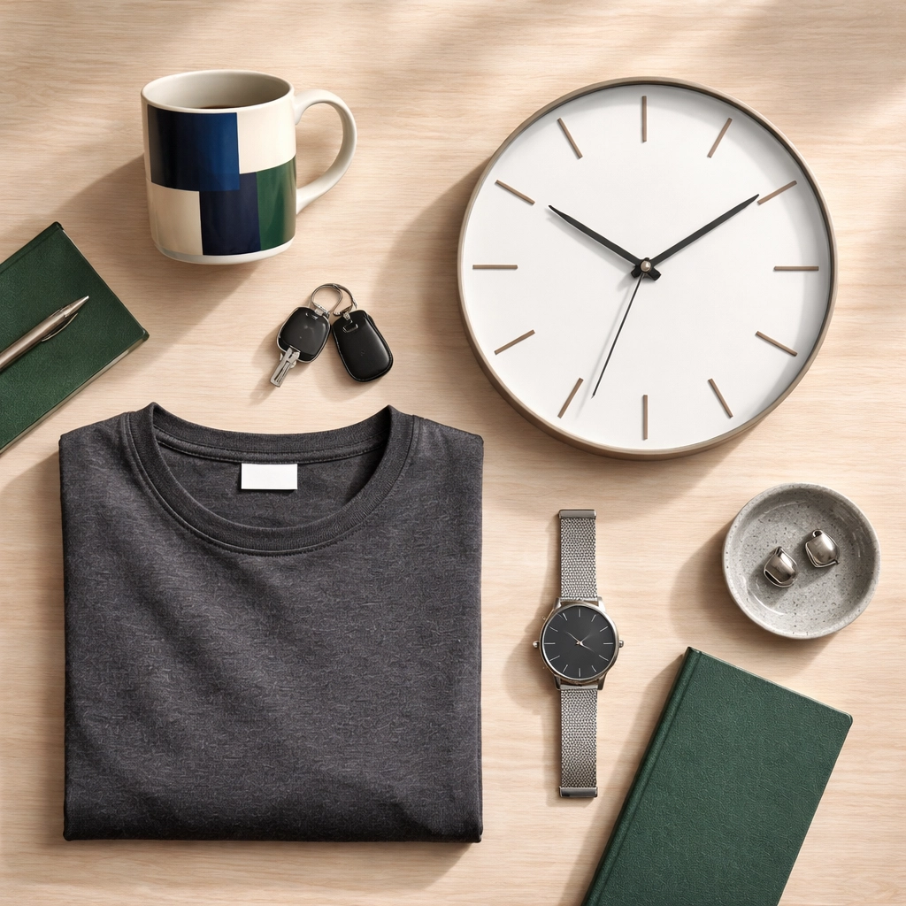 Flat lay of Australian gifts for him: ceramic mug, charcoal tee, and modern wall clock on a wooden surface