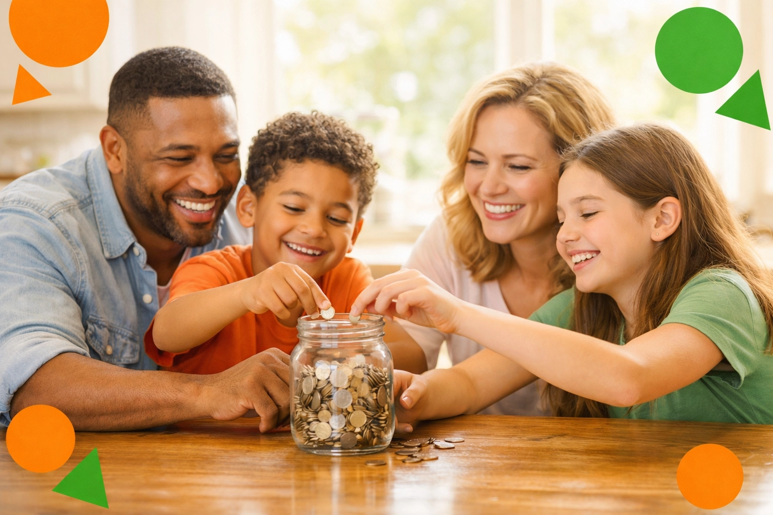 Family teaching children biblical money stewardship with savings jar at kitchen table