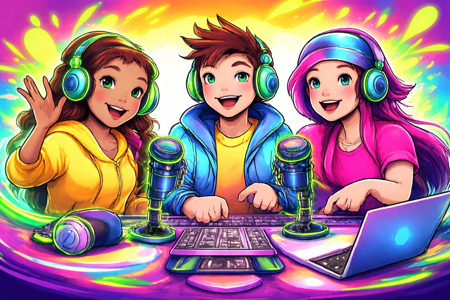 Teens collaborating on a youth podcast with professional headphones and equipment