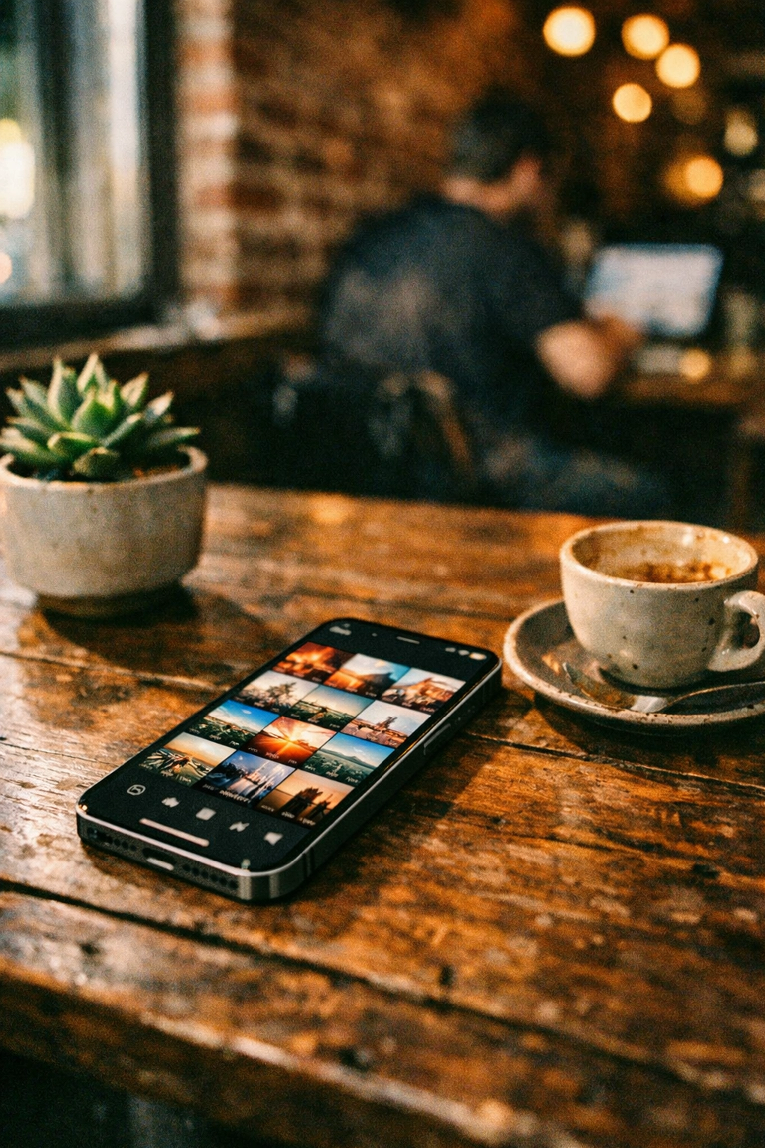 iPhone 13 Pro on wooden table in Williamsburg Brooklyn café with coffee