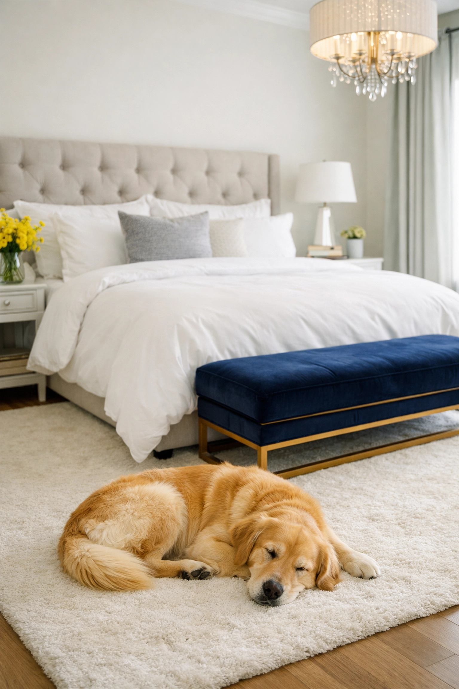 Pristine master bedroom with a dog on a spotless rug, highlighting pet-friendly maid services Worcester residents trust.