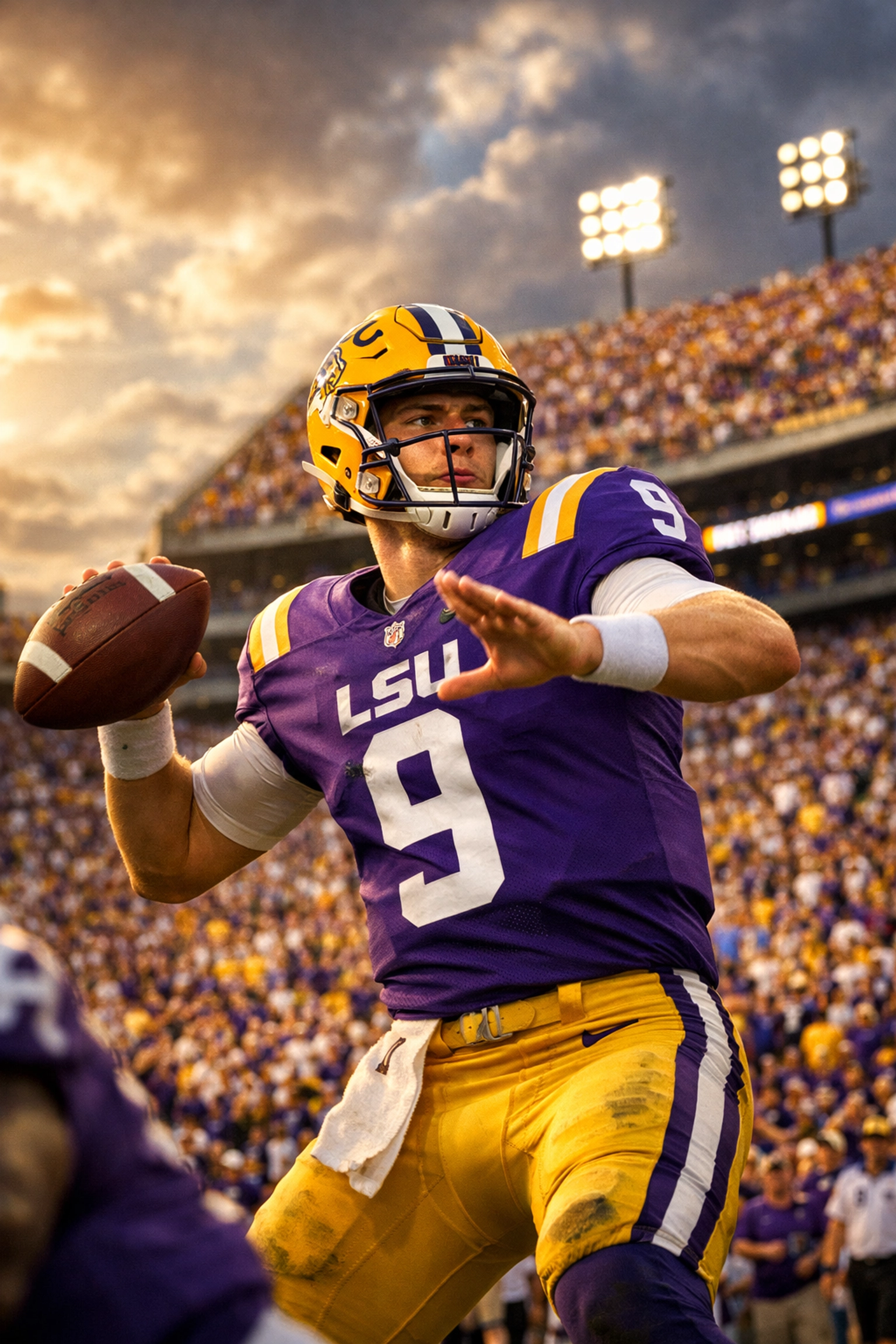 LSU quarterback in purple and gold dropping back to pass at Death Valley stadium
