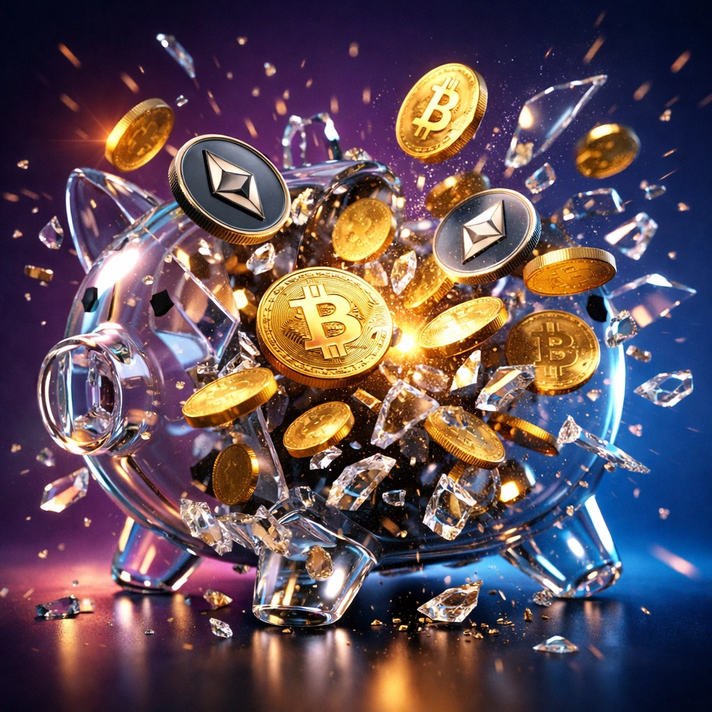 Breaking piggy bank with cryptocurrency coins escaping, symbolizing elimination of hidden payment fees