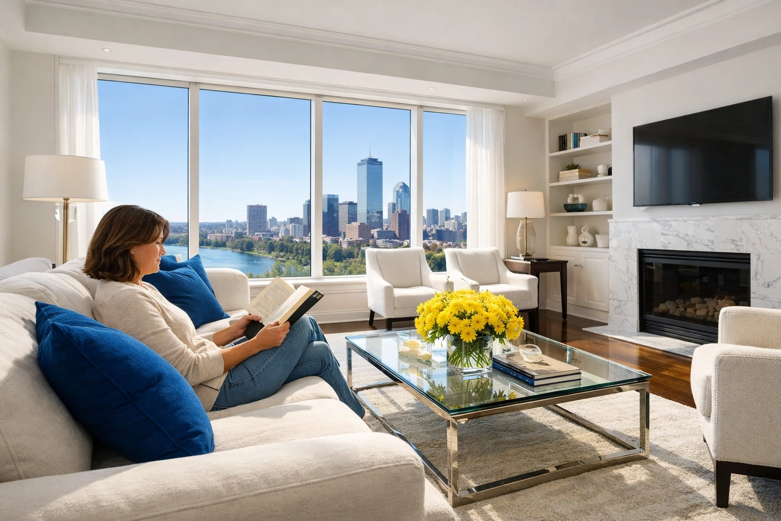 A happy resident enjoys a spotless living room after a professional apartment cleaning Boston service.