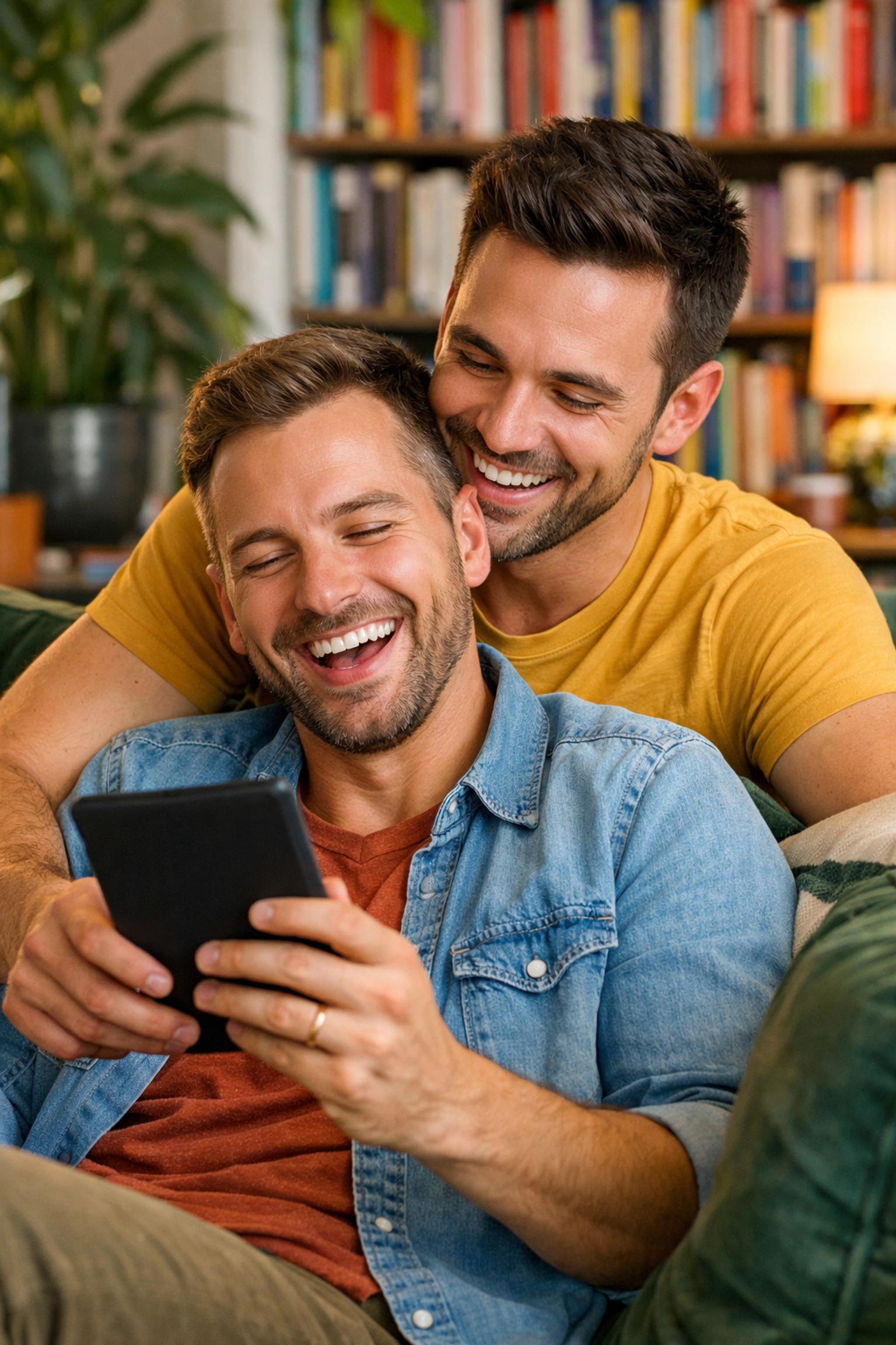 A happy gay couple enjoying an LGBTQ+ eBook together in their home, celebrating modern queer literature.